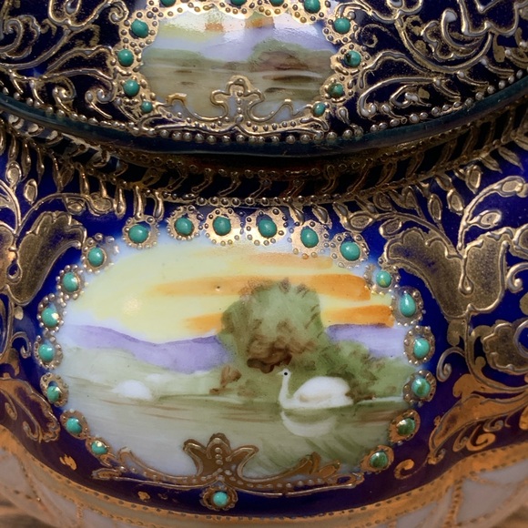 Nippon Vintage Ornate Blue and Gold Covered Jar With Landscape Scenes - Picture 12 of 16
